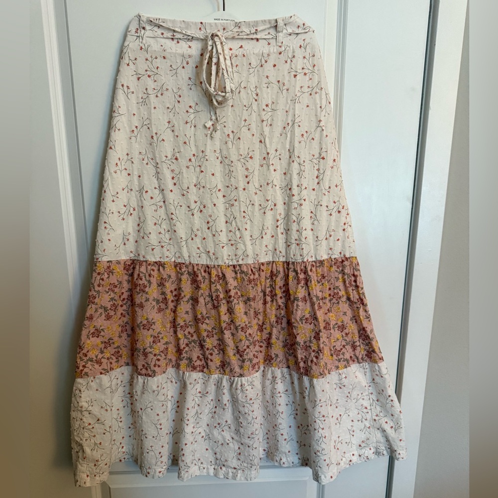 BCBGeneration Cream and Brown A-Line Maxi Skirt with Tie Front